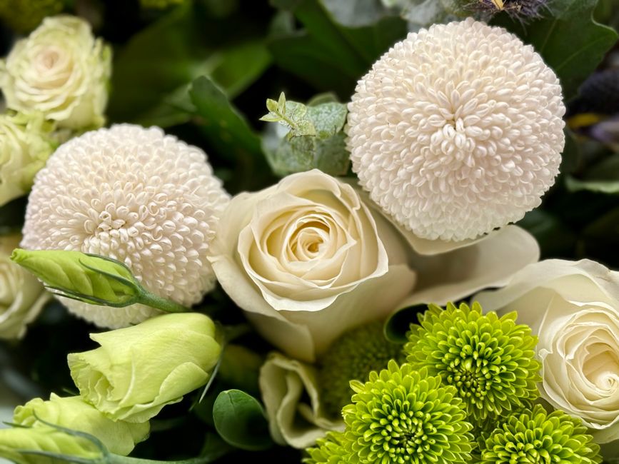 A floral arrangement featuring white roses with soft, layered petals, and large, spherical white chrysanthemums with densely packed petals, complemented by bright green chrysanthemums with small, roun