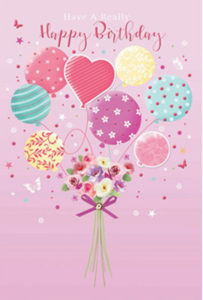 A graceful birthday scene seems to float above a soft pink backdrop, like a daydream drifting across the sky over Kidbrooke's quiet residential streets. At the heart of the illustration, a playful bunch of balloons lift a petite, hand-tied bouquet into the air, turning flowers and colour into a gentle celebration. The balloons, rendered in pale sunshine yellow, rosy fuchsia, lavender, and cool mint, are each adorned with their own pattern-some wear swirling stripes that curl like ribbon in a breeze, others are sprinkled with polka dots, while a central heart-shaped balloon radiates warmth and affection. Their strings trail down and meet at the base, where a small but perfectly composed bouquet of roses and daisy-like flowers nestles together. The blooms are shaded from creamy ivory to blush pink and soft rose, as if touched by the first light of morning over nearby Sutcliffe Park. Their petals look soft to the touch, slightly curled at the edges, with clusters layered closely for a full, comforting effect. A vibrant purple bow secures the stems, its satin loops catching a gentle highlight that echoes the soft shine on the balloons above. Around the design, delicate butterflies and tiny glimmering stars are scattered, giving the impression that the flowers and balloons exist in a moment suspended between reality and a birthday wish. It feels like a card chosen with care by someone in Kidbrooke who wants the recipient to feel truly cherished, the combination of colour, texture, and movement quietly expressing, "You matter, and today is just for you."