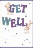 Overflowing with playful energy and tender reassurance, this illustrated get well card is a radiant spot of hope-its scene centered on two lively friends, a teddy bear and a floppy-eared puppy, who each cradle the bold, vibrant letters spelling 'Get Well.' The text, alive in hues of teal and purple, seems to soar against a luminous cream background, while scattered stars in varying shades blanket the scene with a festive, magical aura akin to Kidbrooke's lively community gatherings. The bear's plush fur and the puppy's soft ears are drawn with such inviting texture, you can nearly sense the comforting embrace intended for a loved one on the mend. Their animated, rounded expressions project pure affection and cheer-a reminder of the supportive spirit that defines Kidbrooke. It's a design that feels personally crafted for its purpose, much like a bespoke bouquet from Kidbrooke Florist-every detail kindling hope and kindness for anyone receiving it. This warm, artistic card brings not just a message but a touch of that gentle, communal encouragement so vital during times of recovery.