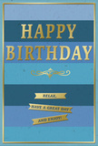 This stylish birthday card is designed in tranquil shades of blue and soft, glowing gold, evoking the unhurried ease of a relaxed day at home in Kidbrooke. The background is made from broad, horizontal stripes of blue, each stripe subtly different-deep navy at the bottom, gradually lightening through rich teal and denim tones into a gentle, almost pastel sky blue near the top. These layers create a smooth ombre effect that feels like watching daylight slowly brighten over the roofs and gardens of Kidbrooke. Centred against this calm backdrop, the words "HAPPY BIRTHDAY" are stamped in tall, gold foil letters, their surface slightly raised and reflective, so that they shimmer when the card is tilted. Just beneath the main greeting, a slender gold flourish curves delicately from side to side, adding a traditional touch that feels at home with classic birthday flowers. Below this decorative line, three narrow golden banners are stacked one above the other, each embossed with part of a friendly, encouraging message that together reads: "Relax, have a great day and enjoy!" The banners sit clearly defined against the blues, their crisp edges and even spacing giving a sense of quiet order. A fine gold border encloses the entire design, drawing the eye inward and making the card feel polished and complete. The overall mood is one of gentle celebration-nothing loud or overly ornate, simply a beautifully balanced birthday card that would pair perfectly with a vase of fresh blooms delivered to a doorstep near Kidbrooke Green Park or the surrounding residential streets.
